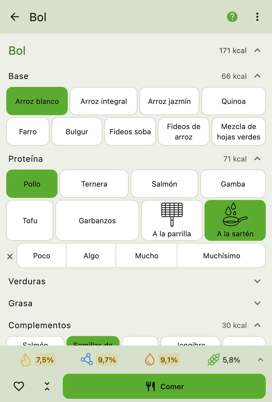Plantilla de comida Bol de Calk con arroz blanco, pollo y el botón verde para registrar la comida