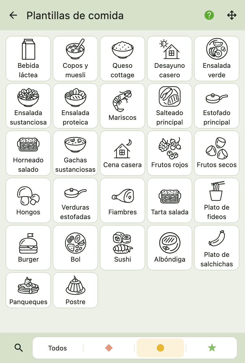 Pantalla de plantillas de comida de Calk con Bowl en su posición habitual