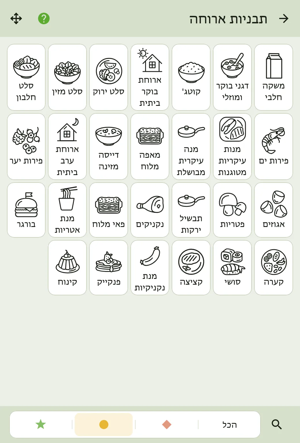 מסך תבניות הארוחה של Calk, ובו קערה במיקומה הקבוע