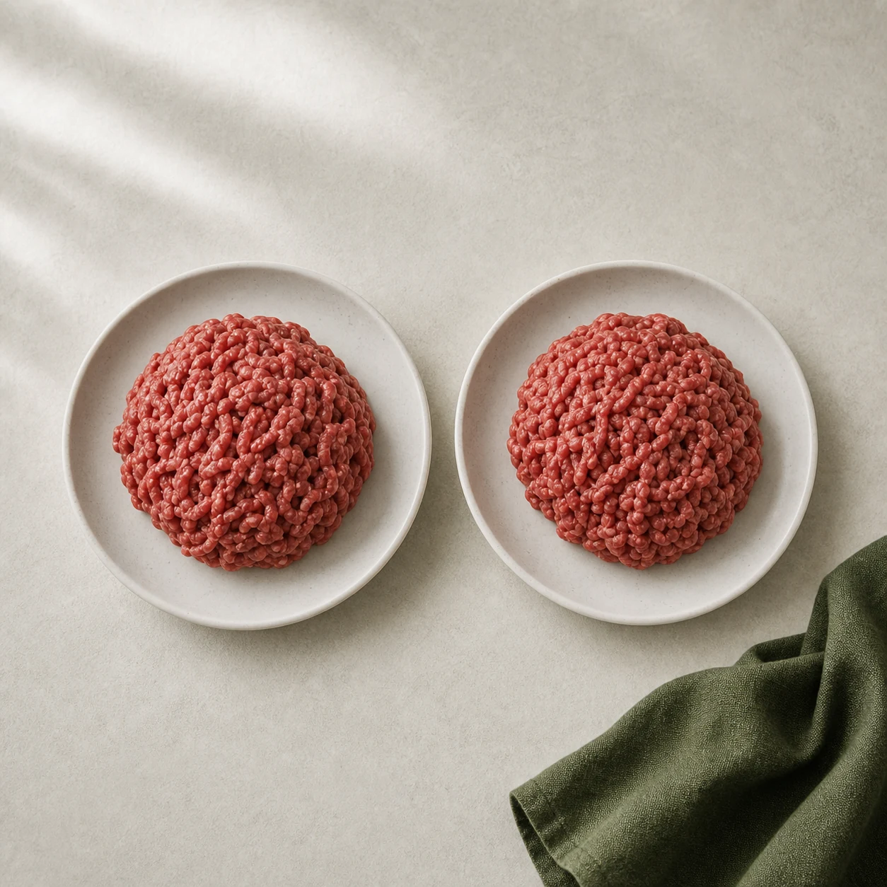 Two near-identical bowls of raw minced beef — lean and fatty — that look the same