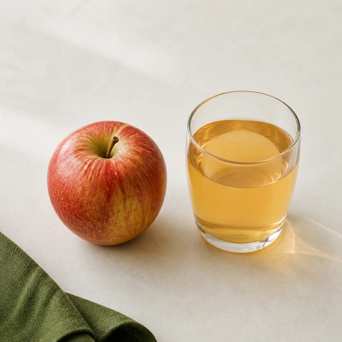 A whole apple beside a glass of apple juice