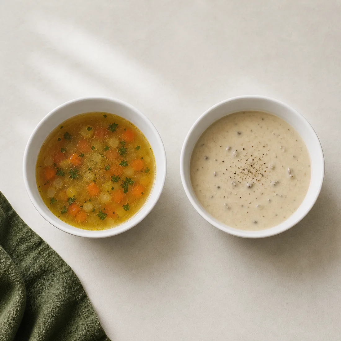 Clear broth beside a creamy soup