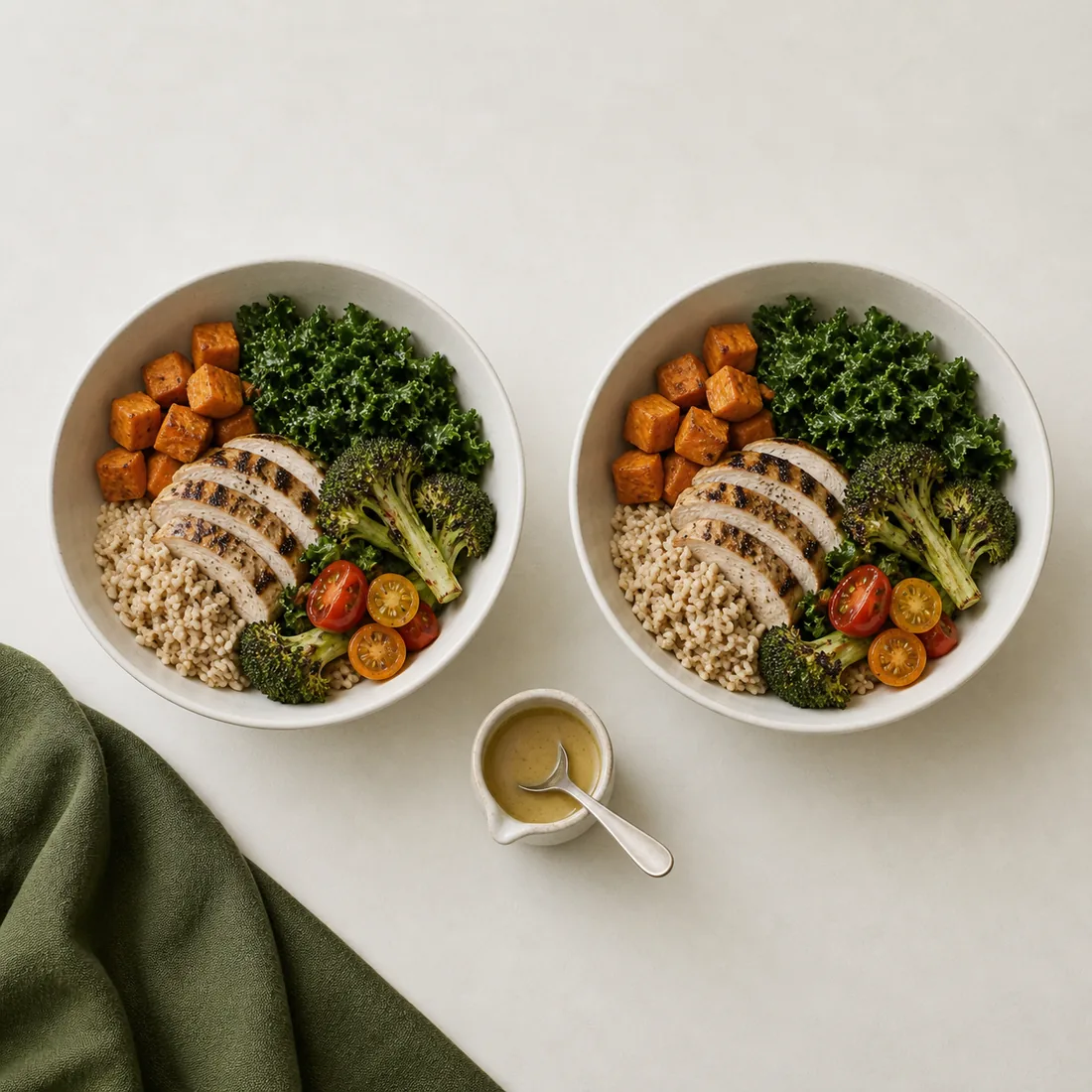 A grain bowl plain versus glossy with dressing