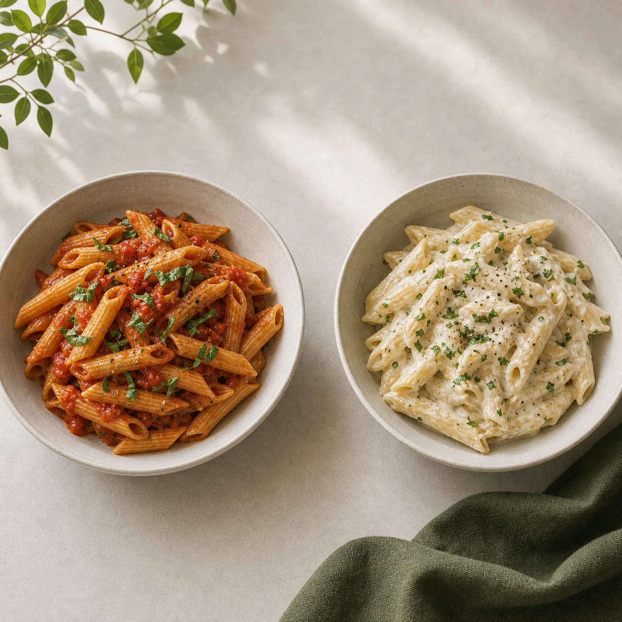 The same pasta with tomato sauce beside the same pasta with cream sauce