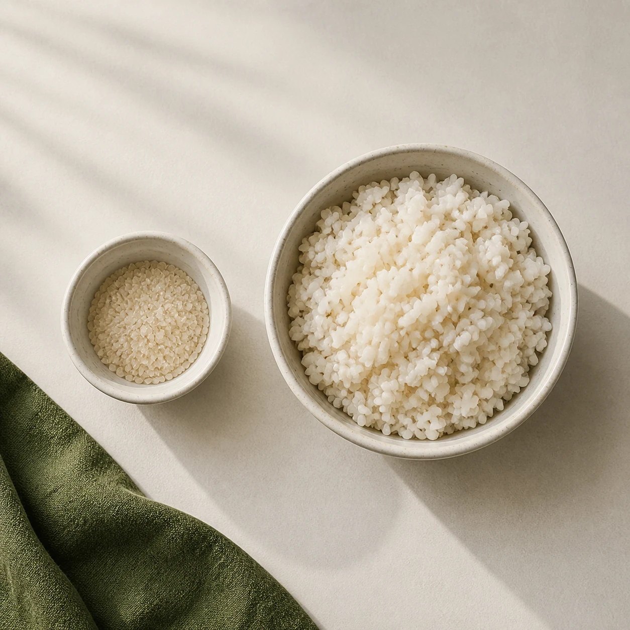 Dry uncooked rice beside the same rice cooked — it roughly triples in weight