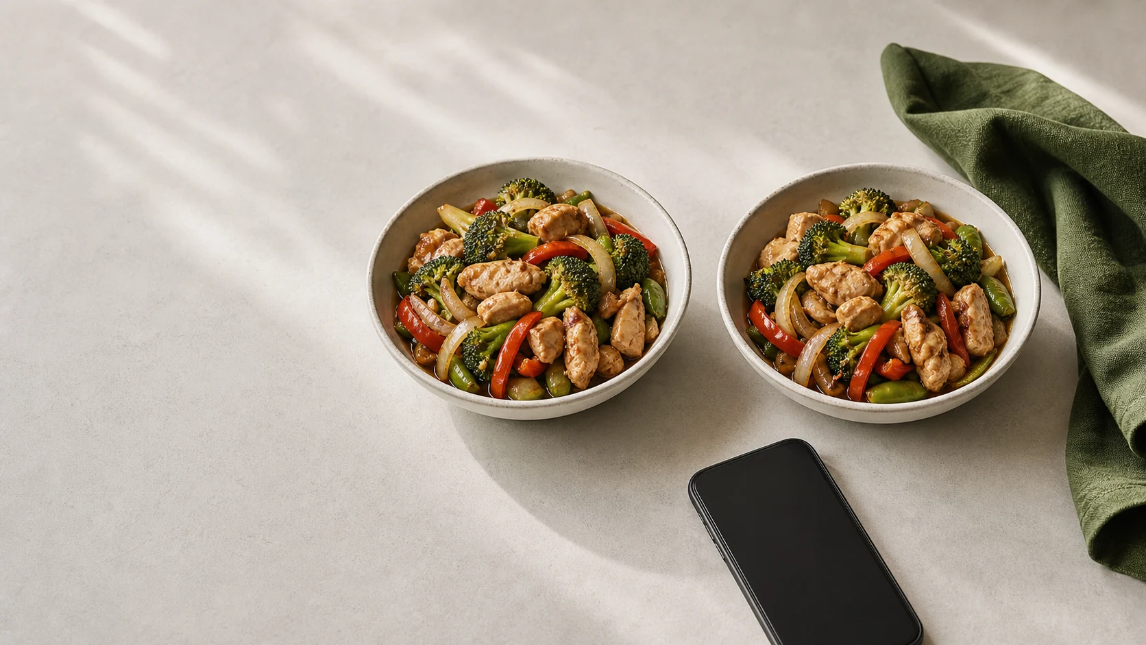 Two near-identical stir-fries, one cooked with far more oil