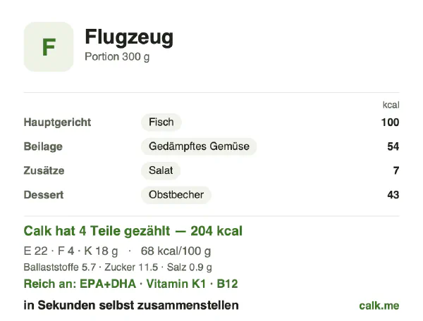Calk-Karte für die kalorienärmere Variante von Bordverpflegung: 68 kcal pro 100 g, Eiweiß/Fett/Kohlenhydrate 46/17/37