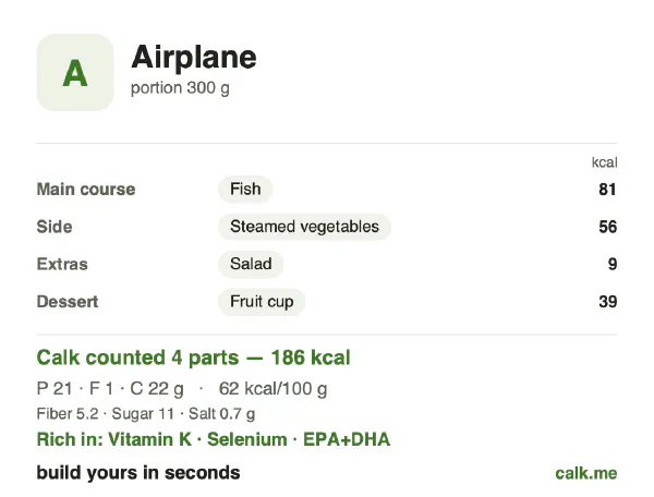 Lower calorie Calk card for In-flight meal: 62 kcal per 100 g, protein/fat/carbs 46/7/48
