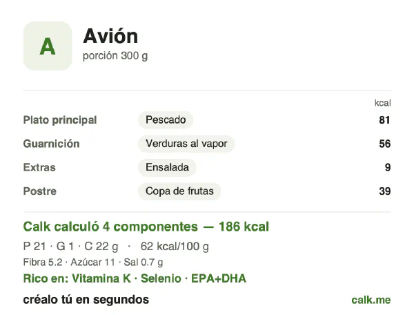 Tarjeta de Calk, versión menos calórica de Comida en vuelo: 62 kcal por 100 g, proteínas/grasas/carbohidratos 46/7/48
