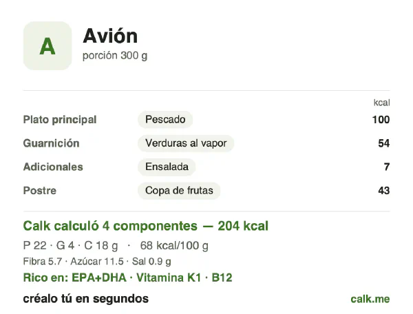 Tarjeta de Calk, versión menos calórica de Comida en vuelo: 68 kcal por 100 g, proteínas/grasas/carbohidratos 46/17/37