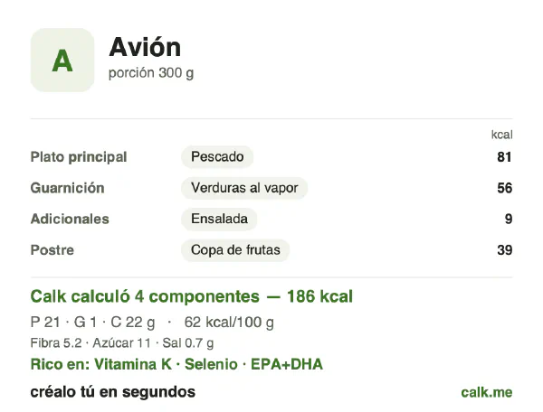 Tarjeta de Calk, versión menos calórica de Comida en vuelo: 62 kcal por 100 g, proteínas/grasas/carbohidratos 46/7/48