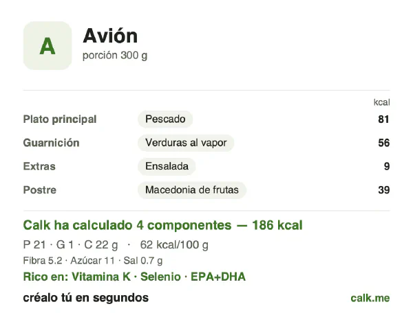 Ficha de Calk, versión menos calórica de Comida a bordo: 62 kcal por 100 g, proteínas/grasas/hidratos 46/7/48