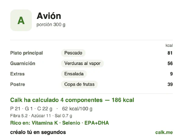 Ficha de Calk, versión menos calórica de Comida a bordo: 62 kcal por 100 g, proteínas/grasas/hidratos 46/7/48