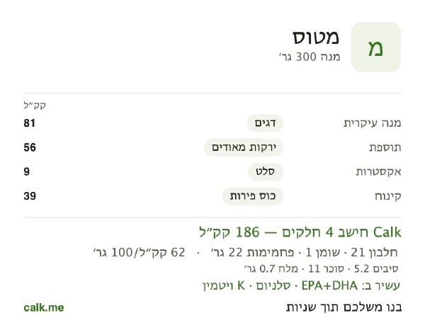 ארוחה בטיסה ב־Calk, עם פחות קלוריות: 62 קק״ל ל־100 גרם, חלבון/שומן/פחמימות 46/7/48