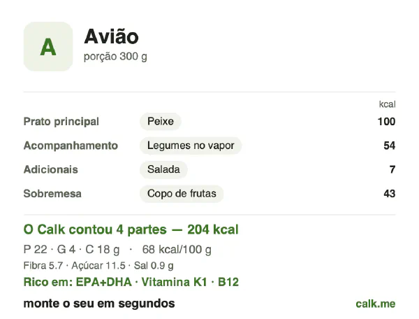 Cartão do Calk para a versão menos calórica de Refeição a bordo: 68 kcal por 100 g, proteína/gordura/carboidratos 46/17/37