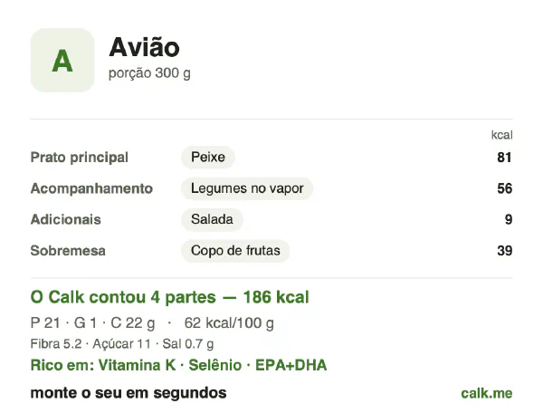 Cartão do Calk para a versão menos calórica de Refeição a bordo: 62 kcal por 100 g, proteína/gordura/carboidratos 46/7/48