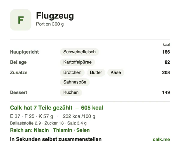 Calk-Karte für die kalorienreichere Variante von Bordverpflegung: 202 kcal pro 100 g, Eiweiß/Fett/Kohlenhydrate 25/38/38