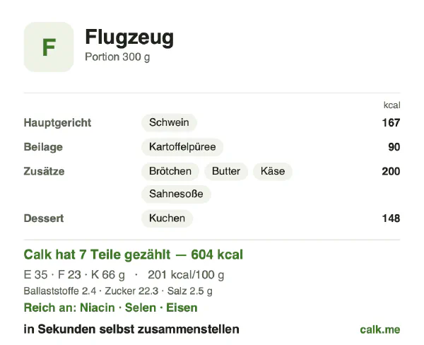 Calk-Karte für die kalorienreichere Variante von Bordverpflegung: 201 kcal pro 100 g, Eiweiß/Fett/Kohlenhydrate 23/34/43