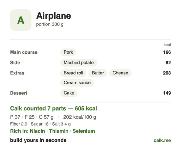 Higher calorie Calk card for In-flight meal: 202 kcal per 100 g, protein/fat/carbs 25/38/38