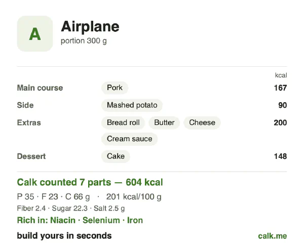 Higher calorie Calk card for In-flight meal: 201 kcal per 100 g, protein/fat/carbs 23/34/43