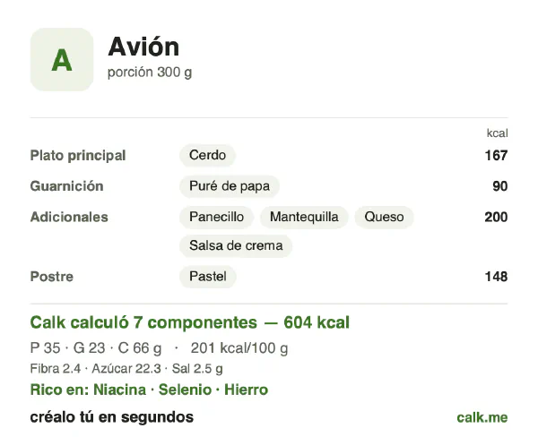 Tarjeta de Calk, versión más calórica de Comida en vuelo: 201 kcal por 100 g, proteínas/grasas/carbohidratos 23/34/43