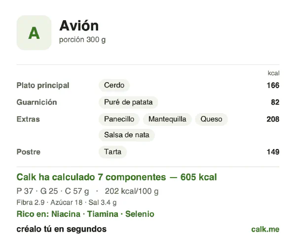 Ficha de Calk, versión más calórica de Comida a bordo: 202 kcal por 100 g, proteínas/grasas/hidratos 25/38/38
