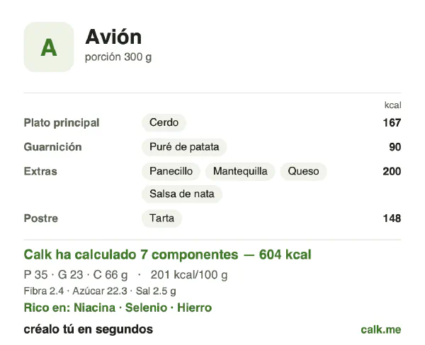 Ficha de Calk, versión más calórica de Comida a bordo: 201 kcal por 100 g, proteínas/grasas/hidratos 23/34/43