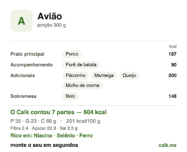 Cartão do Calk para a versão mais calórica de Refeição a bordo: 201 kcal por 100 g, proteína/gordura/carboidratos 23/34/43