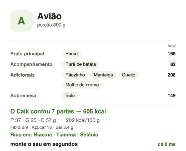 Cartão do Calk para a versão mais calórica de Refeição a bordo: 202 kcal por 100 g, proteína/gordura/carboidratos 25/38/38