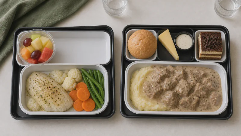 Airplane meal tray: lower- and higher-calorie Calk versions side by side