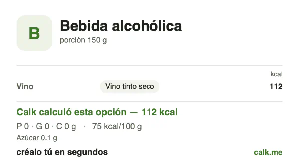 Tarjeta de Calk, versión menos calórica de Bebidas alcohólicas: 75 kcal por 100 g, proteínas/grasas/carbohidratos 33/0/67