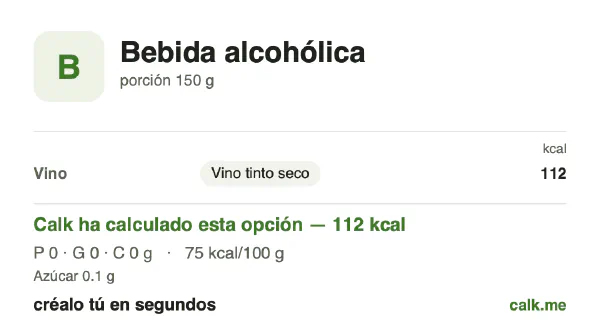 Ficha de Calk, versión menos calórica de Bebidas alcohólicas: 75 kcal por 100 g, proteínas/grasas/hidratos 33/0/67