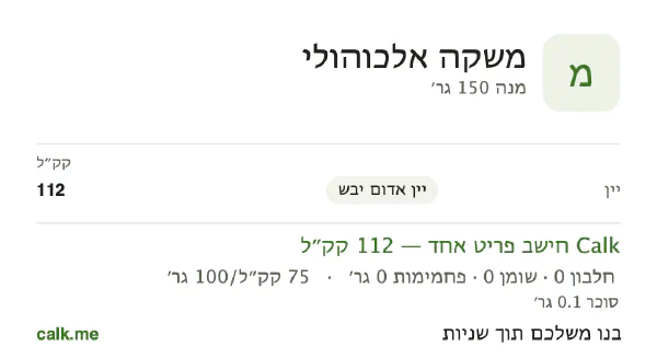 משקאות אלכוהוליים ב־Calk, עם פחות קלוריות: 75 קק״ל ל־100 גרם, חלבון/שומן/פחמימות 33/0/67