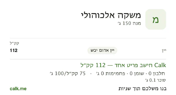 נתוני Calk למשקאות אלכוהוליים, בגרסה עם פחות קלוריות: 75 קק״ל ל-100 גרם, חלבון/שומן/פחמימות 33/0/67