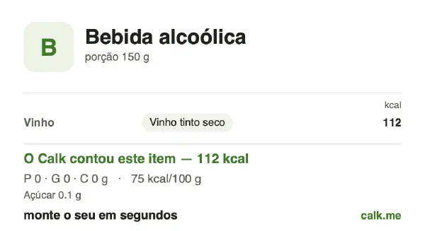 Cartão do Calk para a versão menos calórica de Bebida alcoólica: 75 kcal por 100 g, proteína/gordura/carboidratos 33/0/67