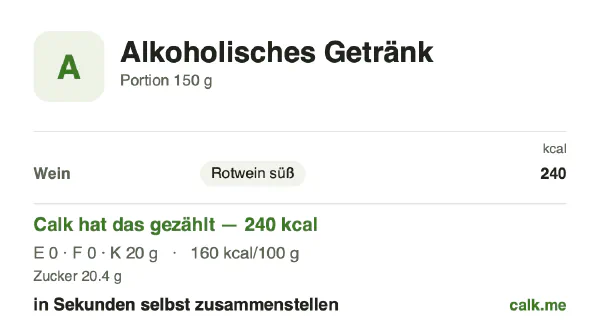 Calk-Karte für die kalorienreichere Variante von Alkoholisches Getränk: 160 kcal pro 100 g, Eiweiß/Fett/Kohlenhydrate 1/0/99