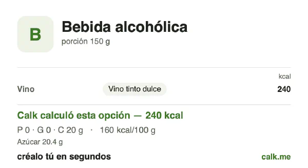 Tarjeta de Calk, versión más calórica de Bebidas alcohólicas: 160 kcal por 100 g, proteínas/grasas/carbohidratos 1/0/99