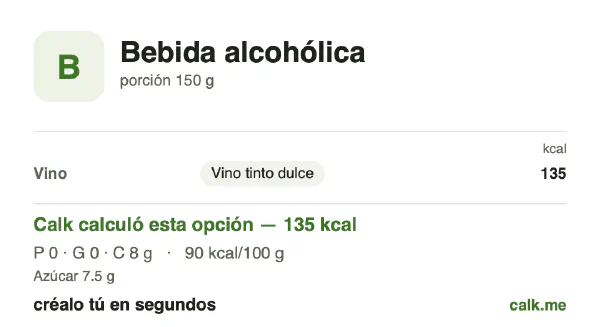Tarjeta de Calk, versión más calórica de Bebidas alcohólicas: 90 kcal por 100 g, proteínas/grasas/carbohidratos 4/0/96