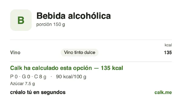 Ficha de Calk, versión más calórica de Bebidas alcohólicas: 90 kcal por 100 g, proteínas/grasas/hidratos 4/0/96