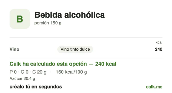 Ficha de Calk, versión más calórica de Bebidas alcohólicas: 160 kcal por 100 g, proteínas/grasas/hidratos 1/0/99