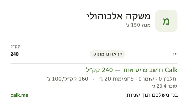 נתוני Calk למשקאות אלכוהוליים, בגרסה עם יותר קלוריות: 160 קק״ל ל-100 גרם, חלבון/שומן/פחמימות 1/0/99