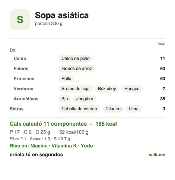 Tarjeta de Calk, versión menos calórica de Sopa asiática: 62 kcal por 100 g, proteínas/grasas/carbohidratos 36/11/54