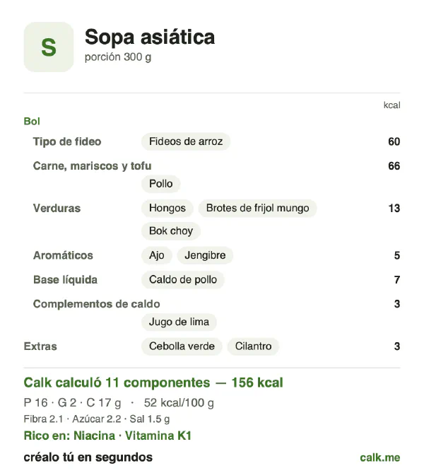 Tarjeta de Calk, versión menos calórica de Sopa asiática: 52 kcal por 100 g, proteínas/grasas/carbohidratos 42/14/44