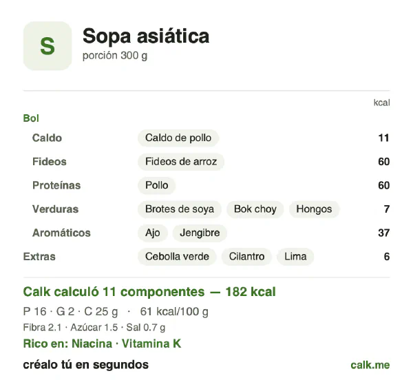 Tarjeta de Calk, versión menos calórica de Sopa asiática: 61 kcal por 100 g, proteínas/grasas/carbohidratos 35/11/54