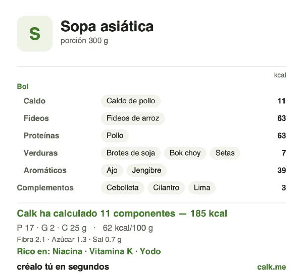 Ficha de Calk, versión menos calórica de Sopa asiática: 62 kcal por 100 g, proteínas/grasas/hidratos 36/11/54