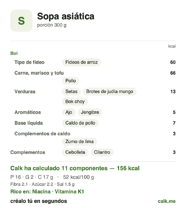 Ficha de Calk, versión menos calórica de Sopa asiática: 52 kcal por 100 g, proteínas/grasas/hidratos 42/14/44