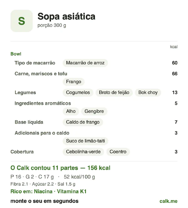 Cartão do Calk para a versão menos calórica de Sopa asiática: 52 kcal por 100 g, proteína/gordura/carboidratos 42/14/44