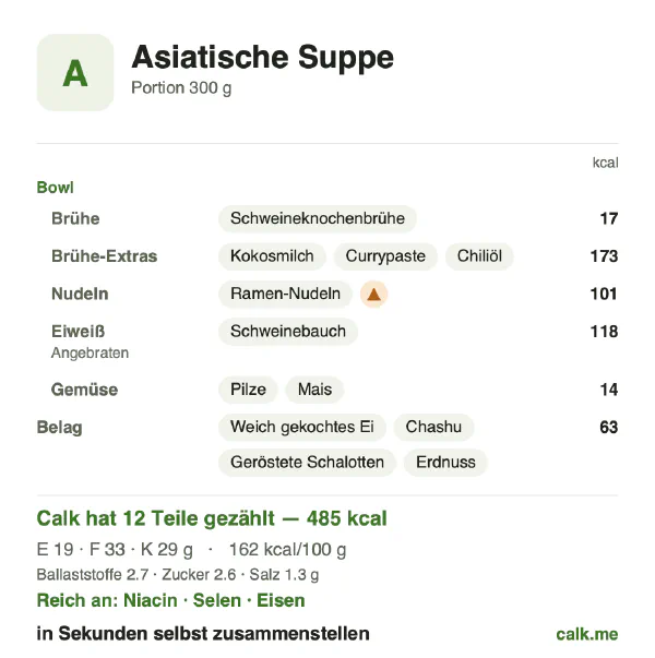 Calk-Karte für die kalorienreichere Variante von Asiatische Suppe: 162 kcal pro 100 g, Eiweiß/Fett/Kohlenhydrate 15/61/24