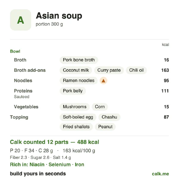 Higher calorie Calk card for Asian soup: 163 kcal per 100 g, protein/fat/carbs 16/61/23