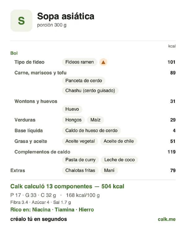 Tarjeta de Calk, versión más calórica de Sopa asiática: 168 kcal por 100 g, proteínas/grasas/carbohidratos 14/60/26
